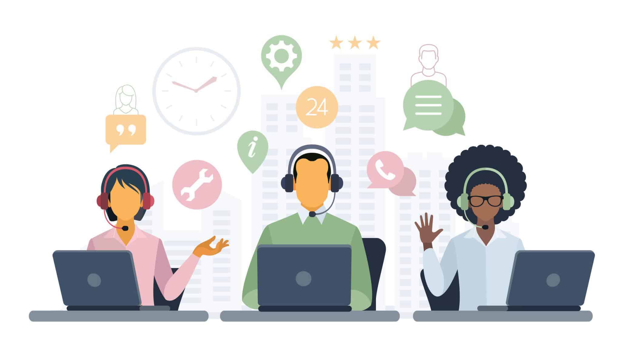 Illustration of customer service representatives assisting customers